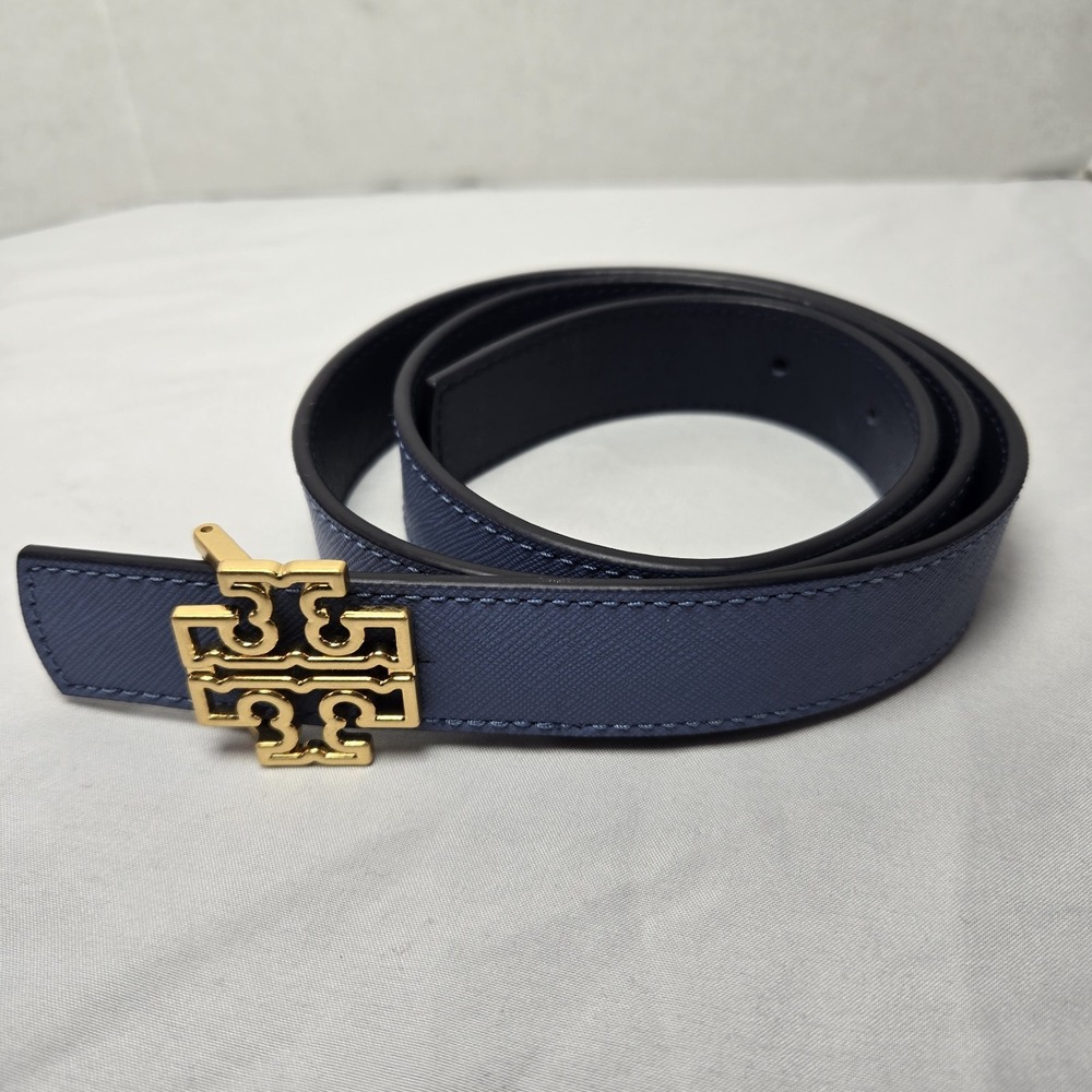 Tory Burch Britten Logo Reversible Leather Belt Blue Navy Gold Buckle Small